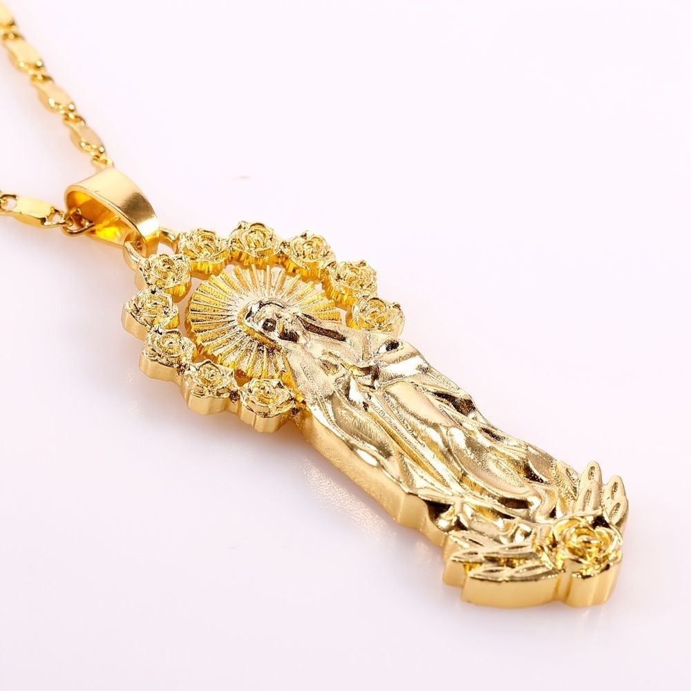 14k Gold Plated Womens Mens Link Chain And Virgin Mary Pendant Necklace 18” - Picture 8 of 16